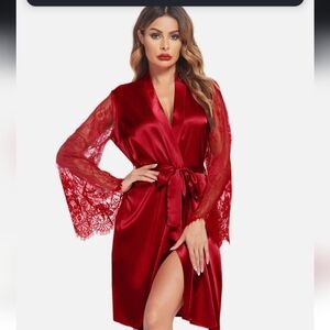Women's Red Satin & Lace Robe - Tie in Front - AvidLove - Size L